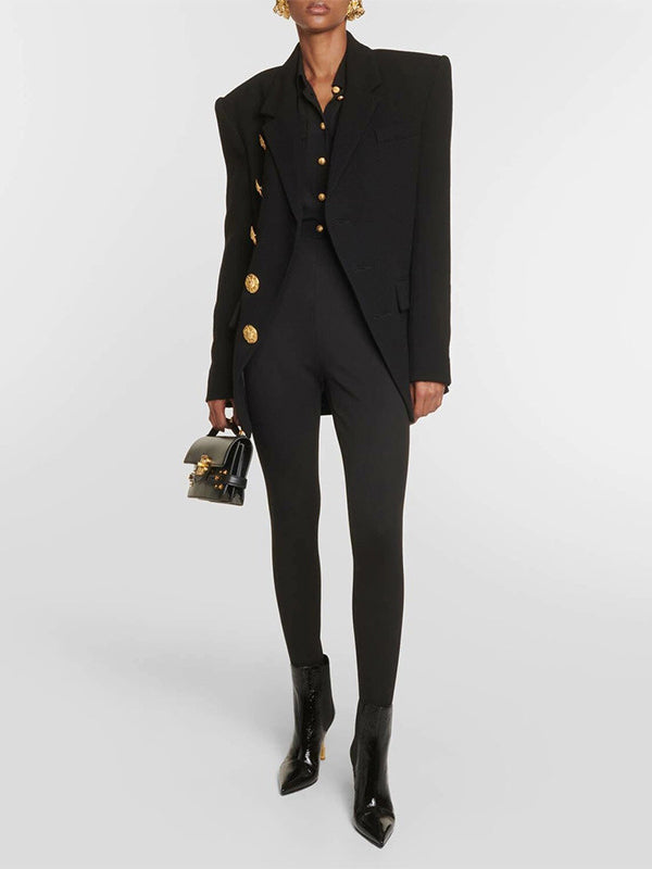 Long Sleeves Loose Buttoned Pockets Solid Color Notched Collar Blazer Outerwear