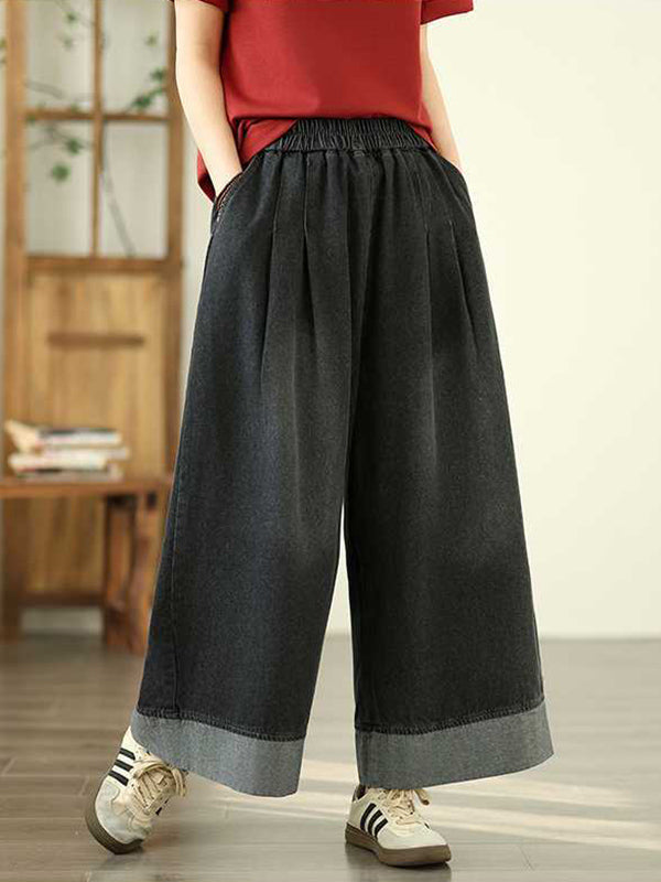 Loose Wide Leg Elasticity Pleated Pockets Jean Pants Bottoms Trousers
