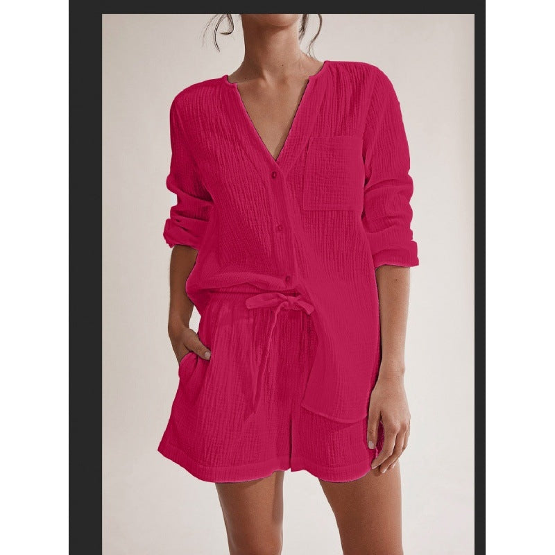 Women Casual Solid Color Double Gauze Cotton Long Sleeve Shorts Pajamas Set