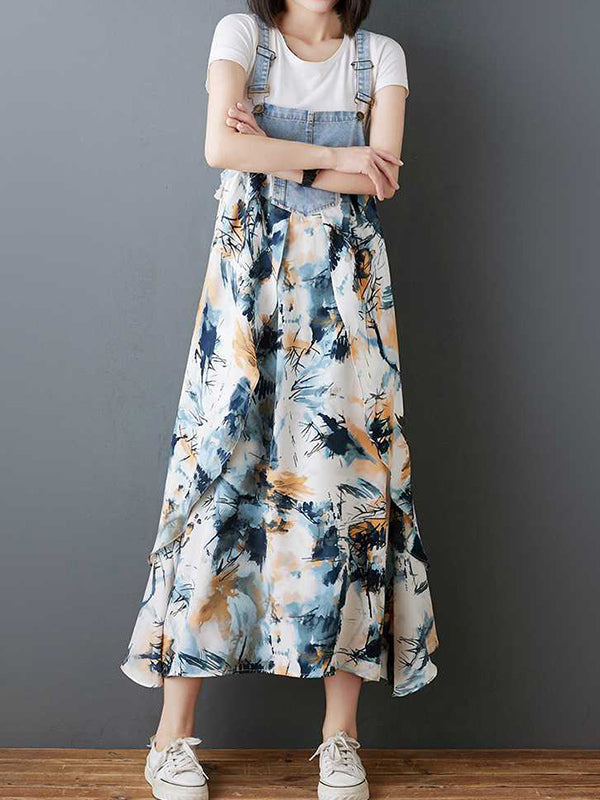 Loose Plus Size Flower Print Pockets Split-Joint Spaghetti-Neck Maxi Dresses Suspender Dress