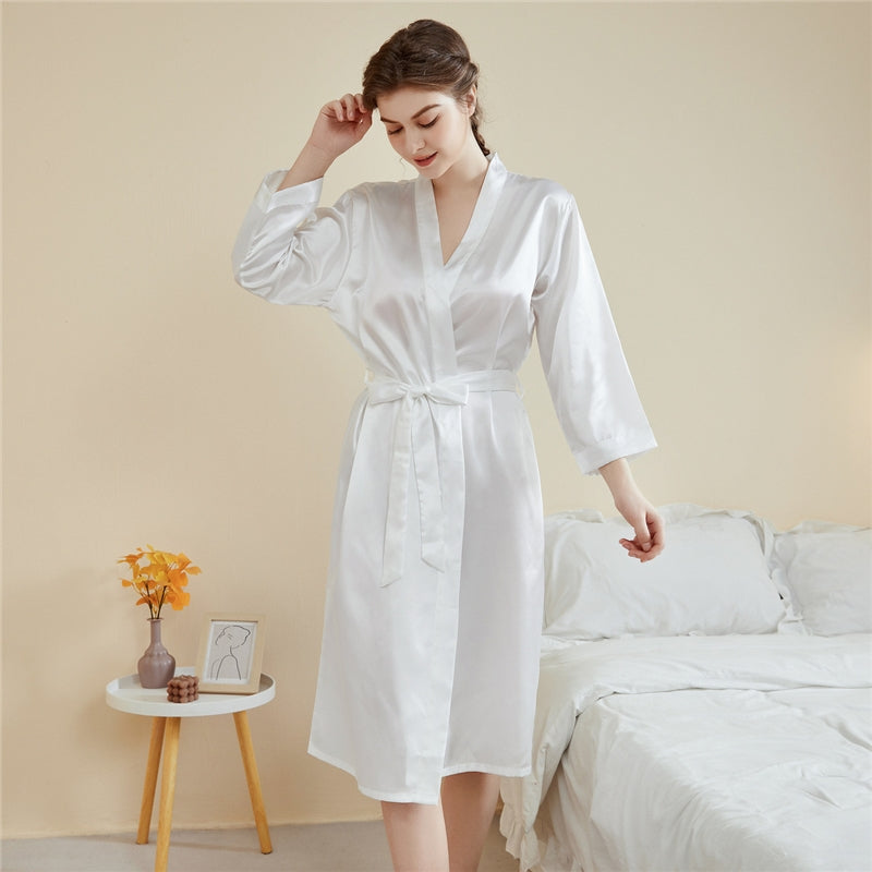 Women Fashion Solid Color Satin Long-Sleeve Lace-Up Loose Pajamas