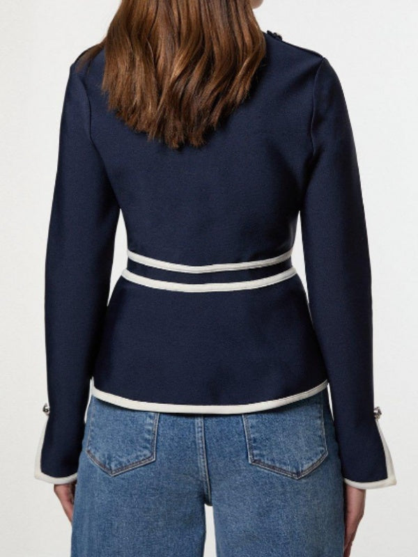 Long Sleeves Buttoned Contrast Color Split-Side Zipper Round-Neck Outerwear