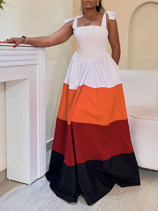 A-Line High Waisted Contrast Color Pleated Pockets Tied Zipper Spaghetti-Neck Maxi Dresses