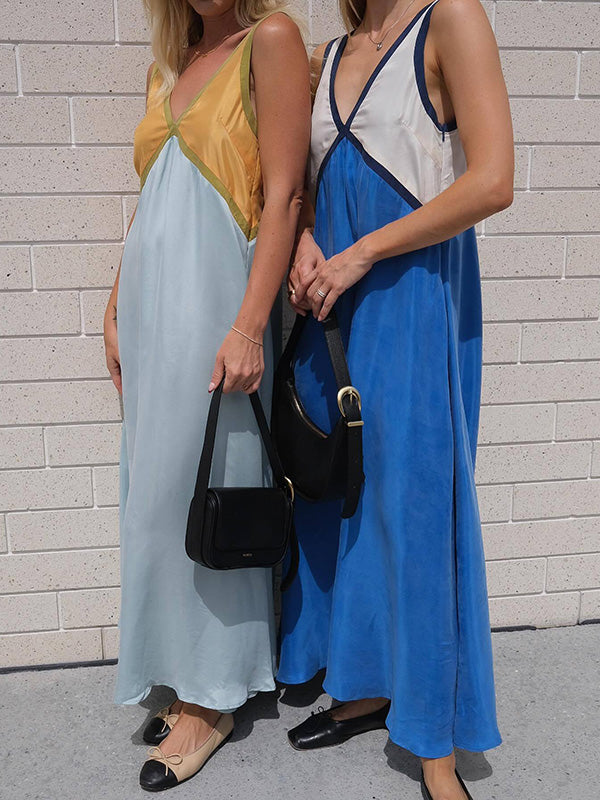 Loose Sleeveless Contrast Color Split-Joint Deep V-Neck Maxi Dresses