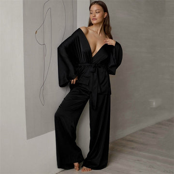 Women Fashion Autumn Solid Color Satin Long-Sleeve Lace-Up Coat Loose Pants Pajamas Two-Piece Set