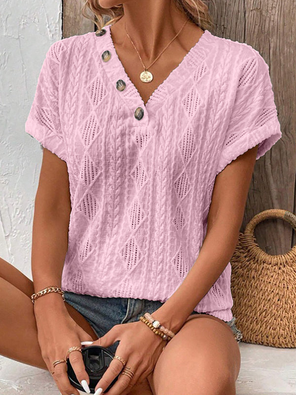 Loose Short Sleeves Buttoned Solid Color V-Neck T-Shirts Tops
