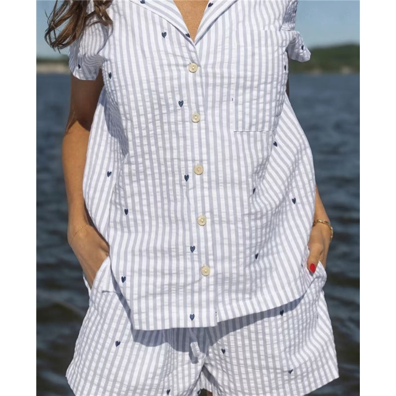 Women Fashion Casual Love Printed Lapel Short-Sleeve Blouse Loose Shorts Pajamas Two-Piece Set