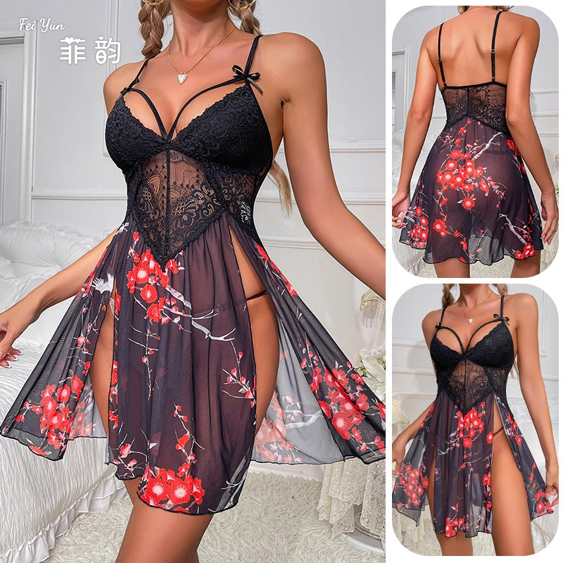 Women Fashion Sexy Lace Mesh Printed Perspective Sex Pajamas