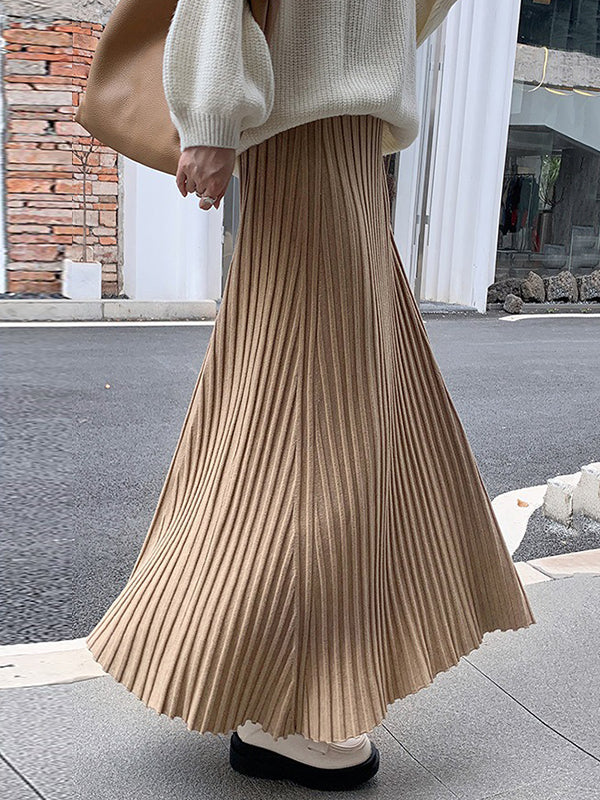 A-Line High Waisted Pleated Solid Color Skirts Bottoms