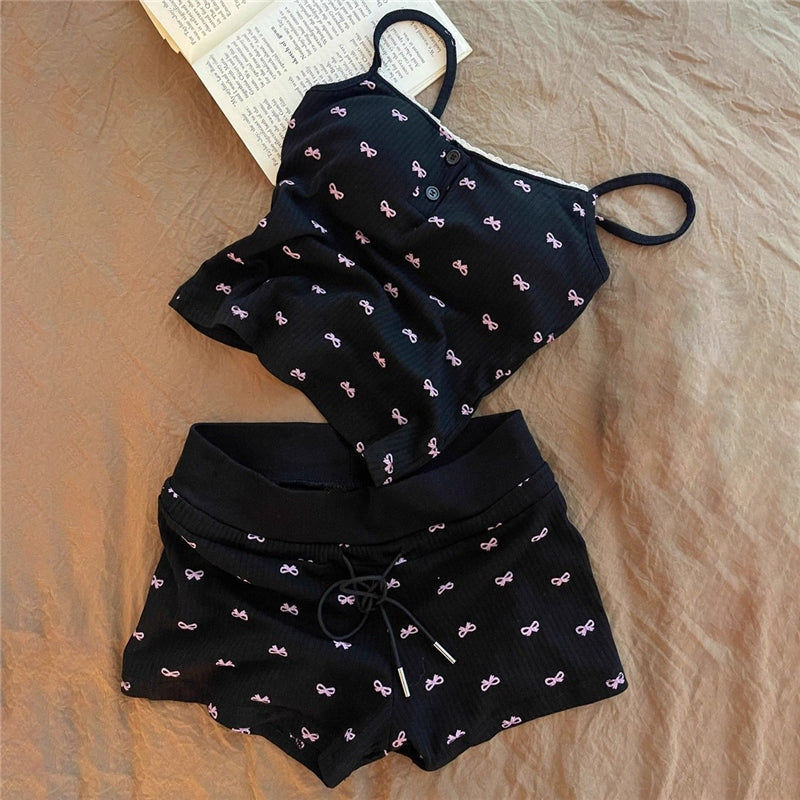 Women Fashion Sexy Bowknot Printed Camisole Slim-Fit Shorts Pajamas Two-Piece Set
