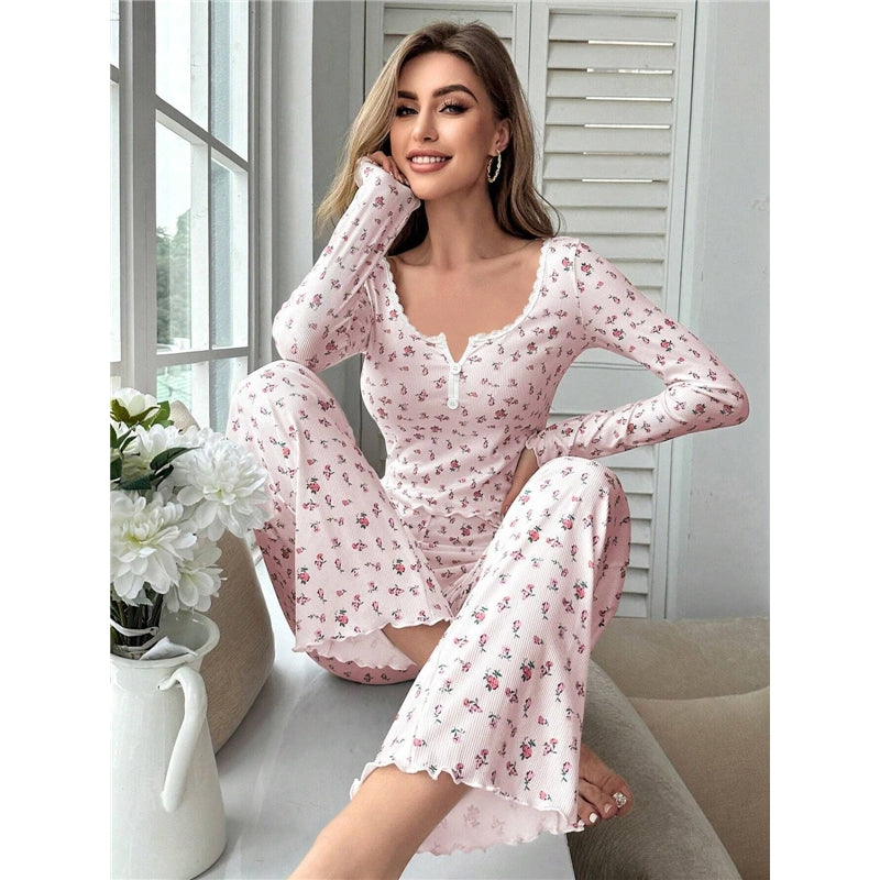 Women Fashion Casual Floral Printed Long Sleeve Top Slim-Fit Pants Pajamas Two-Piece Set
