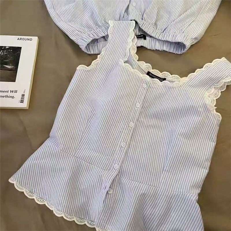 Women Fashion Casual Cotton Stripe Tank Top Loose Shorts Pajamas Two-Piece Set