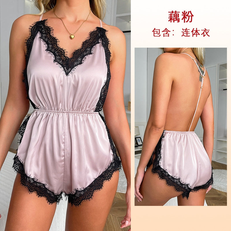 Women Fashion Sexy Deep V Lace Backless Sleepwear