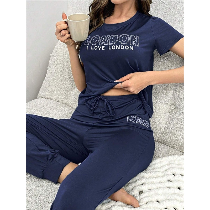 Women Fashion Casual Printed Short Sleeve T-Shirt Drawstring Pants Pajamas Two-Piece Set