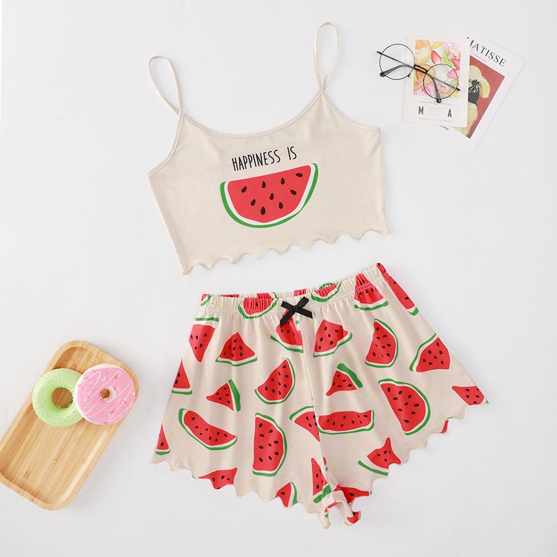 Women Fashion Watermelon Printed Pajamas Two-Piece Set