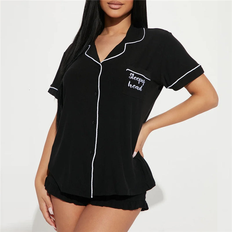 Women Fashion Casual Lapel Short-Sleeve Top Loose Shorts Pajamas Two-Piece Set
