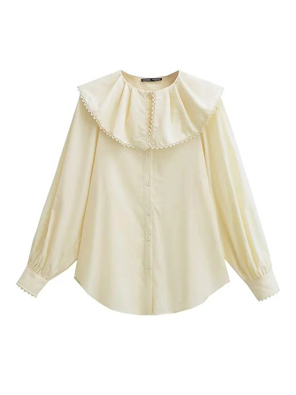 Loose Puff Sleeves Pleated See-Through Solid Color Split-Joint Peter Pan Collar Blouses&Shirts Tops