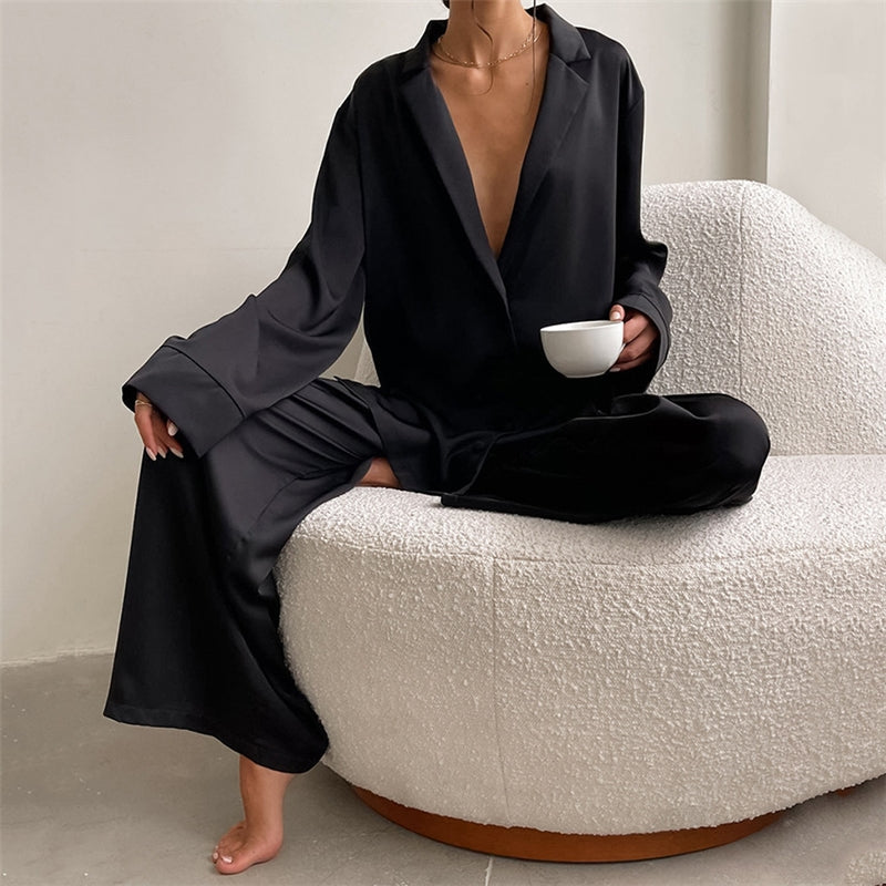 Women Fashion Casual Solid Color Ice Silk Lapel Long-Sleeve Loose Pants Pajamas Two-Piece Set