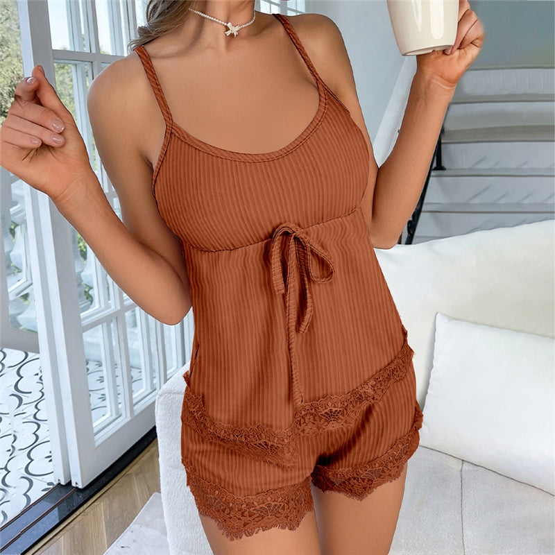 Women Fashion Casual Solid Color Lace Splicing Lace-Up Camisole Loose Shorts Pajamas Two-Piece Set