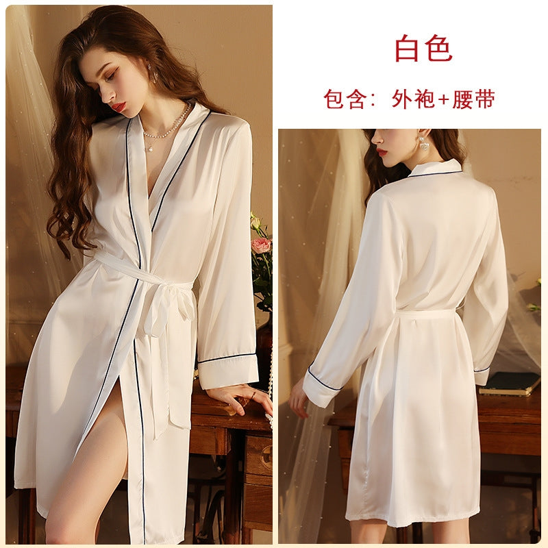 Women Fashion Sexy V-Neck Cardigan Lace-Up Silk Fabric Pajamas