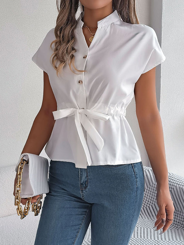 Loose Short Sleeves Drawstring Split-Joint Round-Neck Blouses&Shirts Tops