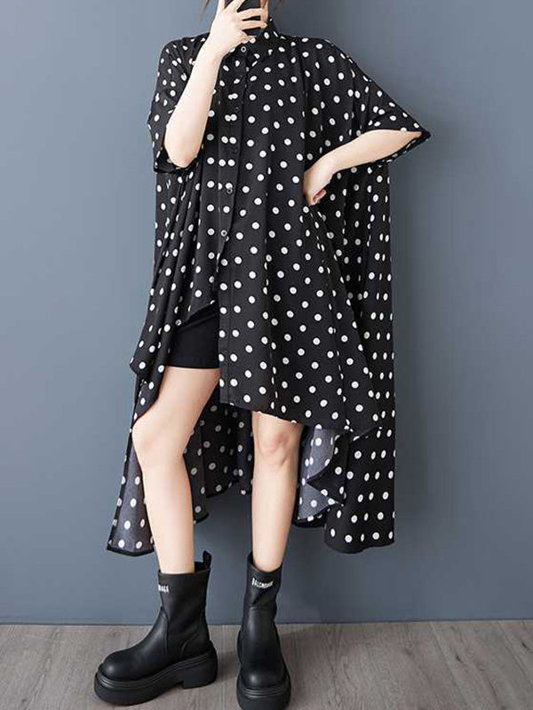 A-Line High-Low Asymmetric Buttoned Polka-Dot Lapel Midi Dresses Shirt Dress