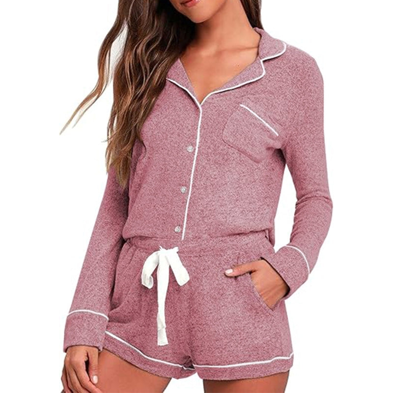 Women Fashion Casual Lapel Long Sleeve Pocket Top Drawstring Shorts Pajamas Two-Piece Set