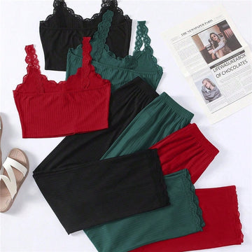 Women Fashion Solid Color Lace-Trimmed Crop Top Loose Pants Pajamas Two-Piece Set