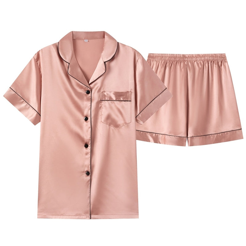 Women Fashion Simple Solid Color Lapel Short-Sleeve Top Loose Shorts Pajamas Set