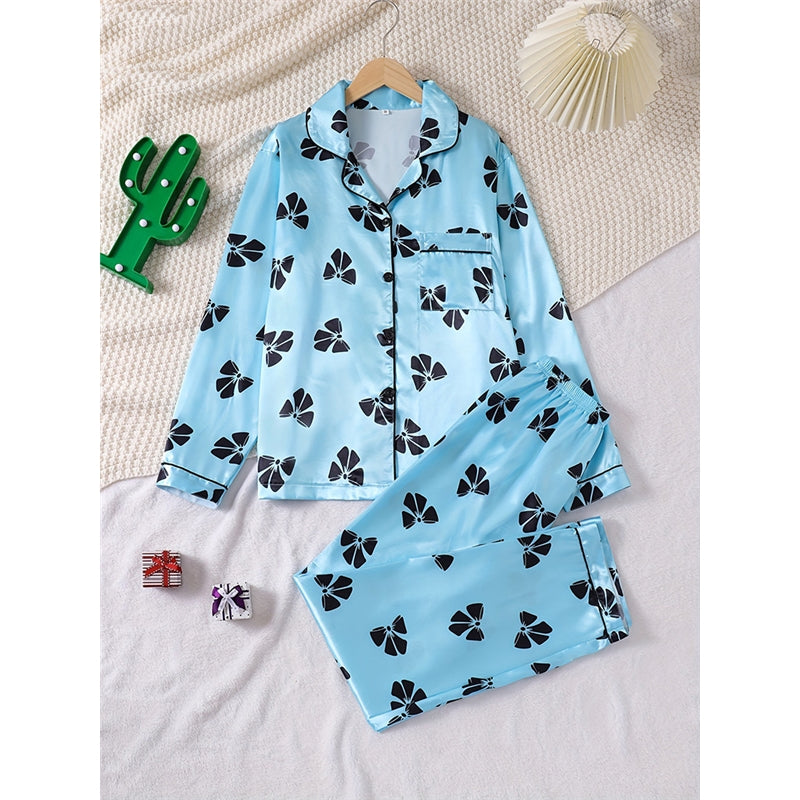 Women Fashion Bow Printed Pajamas Two-Piece Set