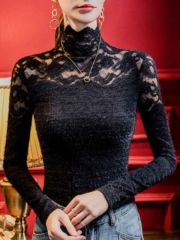 Long Sleeves Skinny Plus Size Solid Color Split-Joint High Neck T-Shirts Tops