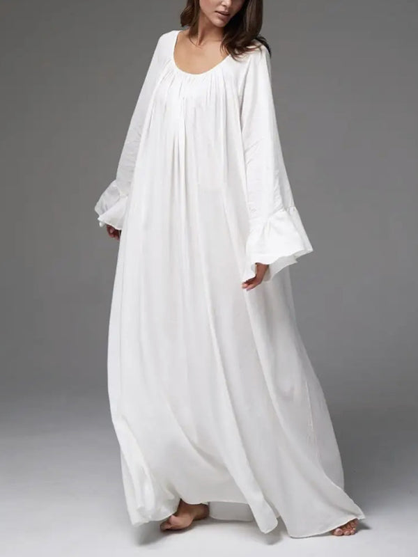 A-Line Flared Sleeves Pleated Solid Color Split-Joint Round-Neck Maxi Dresses