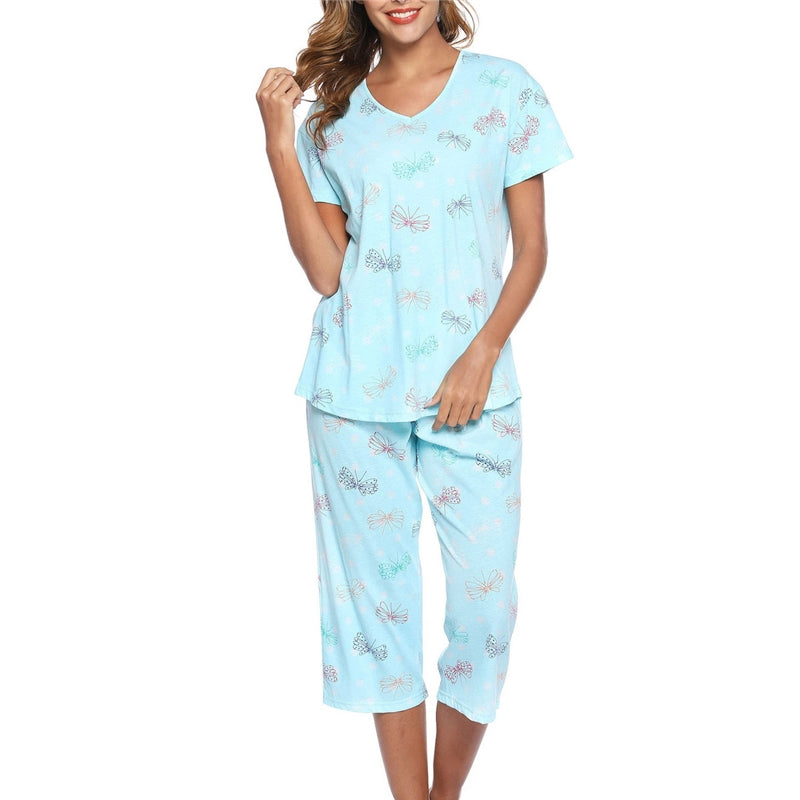 Women Fashion Casual Printed V-Neck Short-Sleeve T-Shirt Loose Pants Pajamas Set