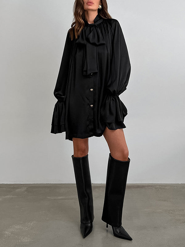 A-Line Flared Sleeves Buttoned Elasticity Pleated Solid Color Tied Zipper Stand Collar Mini Dresses