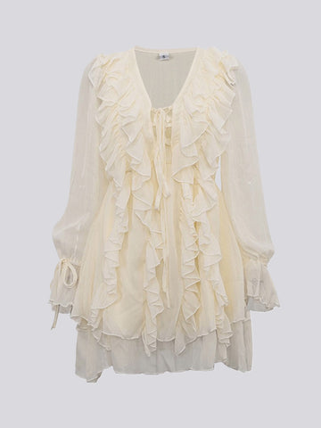 A-Line High Waisted Ruffle Trim Solid Color Tied V-Neck Mini Dresses