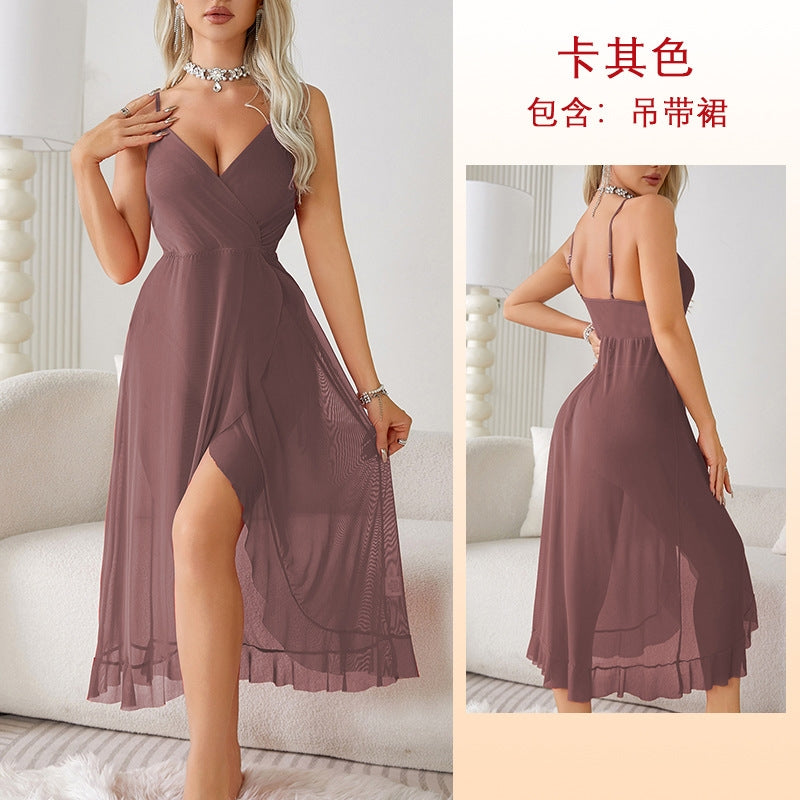 Women Fashion Sexy Deep V Backless Mesh Perspective Sling Sexy Pajamas