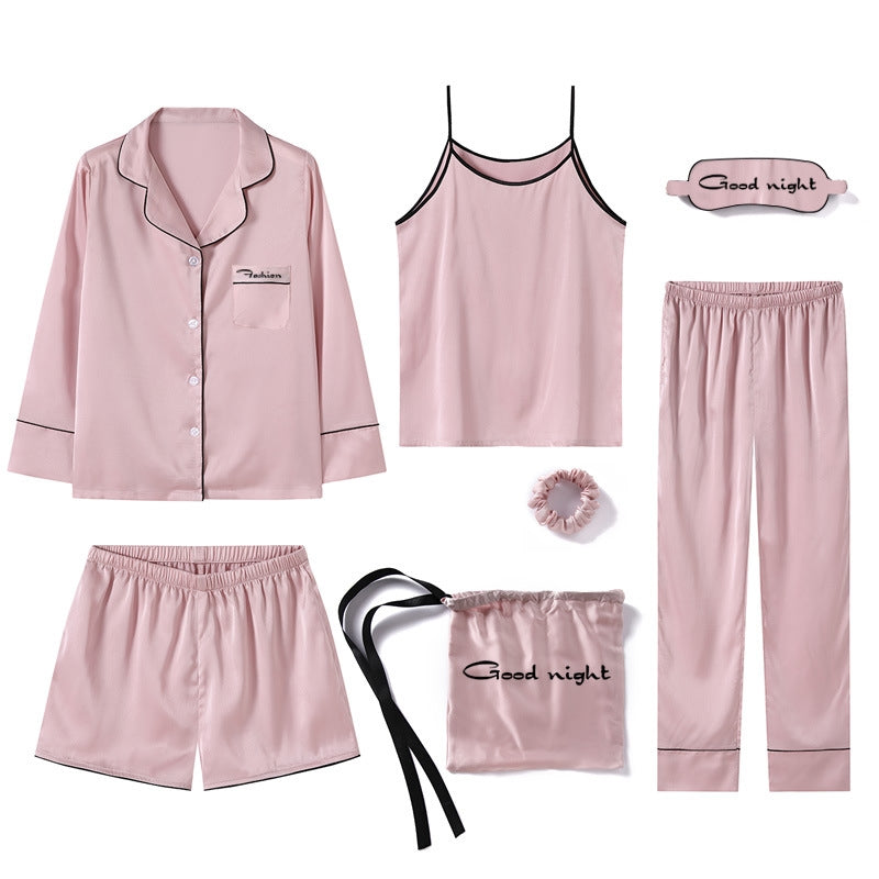 Women Simple Casual Stripe Printed Thin Pajamas Seven-Piece Set