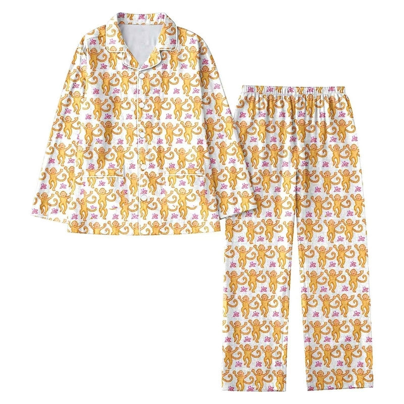 Women Casual Monkey Print Lapel Long-Sleeve Top Loose Pants Pajamas Two-Piece Set