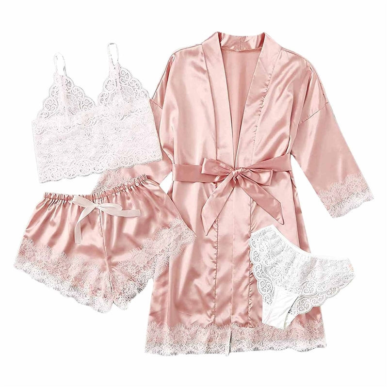 Sexy Women Lace Splicing Straps Long Sleeves Home Pajamas Four-Piece Set