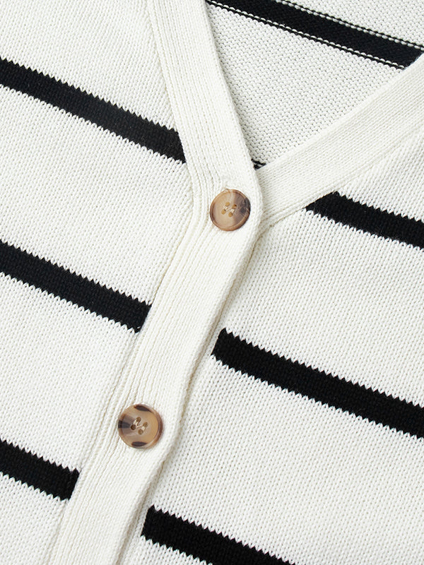 Long Sleeves Loose Split-Joint Striped V-Neck Cardigan Tops