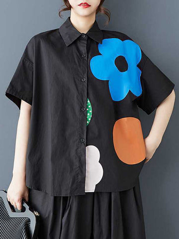Loose Short Sleeves Buttoned Flower Print Lapel Blouses&Shirts Tops