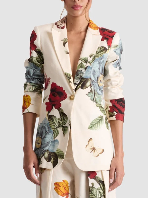 Long Sleeves Loose Buttoned Flower Print Pockets Notched Collar Blazer Outerwear