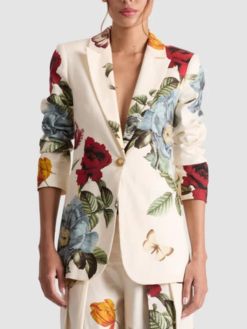 Long Sleeves Loose Buttoned Flower Print Pockets Notched Collar Blazer Outerwear