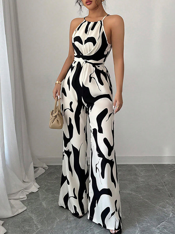 Loose Sleeveless Contrast Color Pleated Spaghetti-Neck Jumpsuits