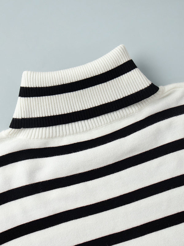 High-Low Long Sleeves Split-Joint Split-Side Striped High Neck Sweater Tops