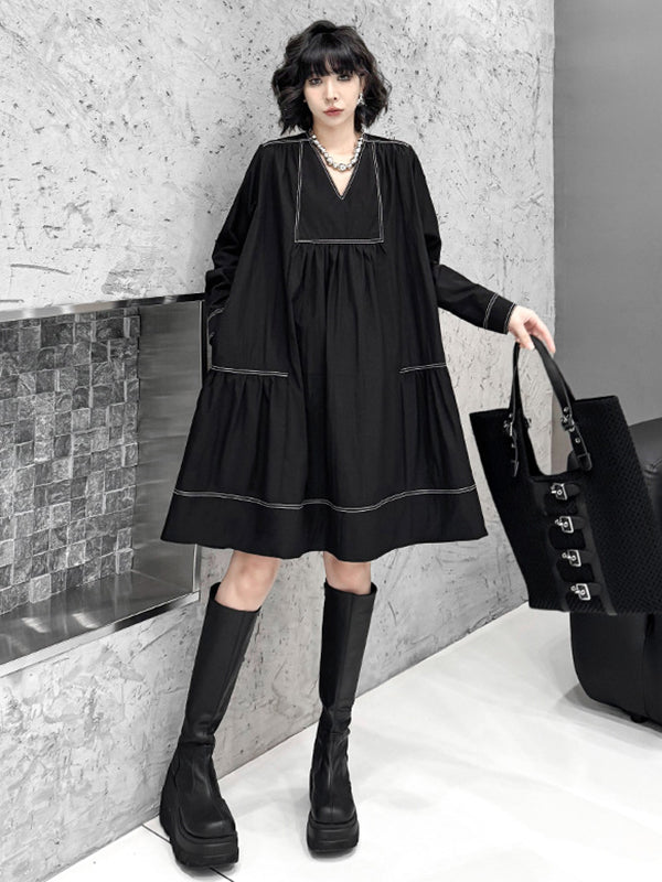 A-Line Long Sleeves Comfort Contrast Color Pleated V-Neck Mini Dresses