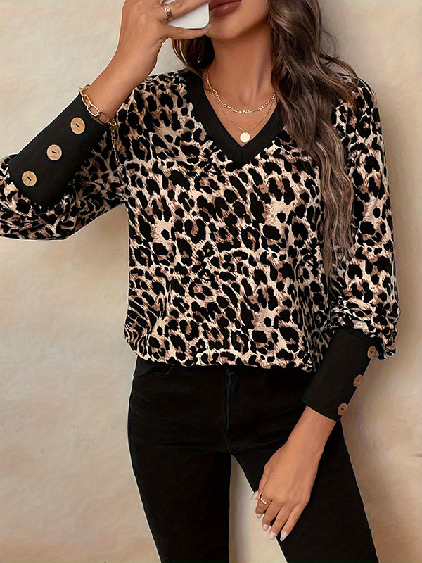 Long Sleeves Loose Buttoned Leopard V-Neck T-Shirts Tops