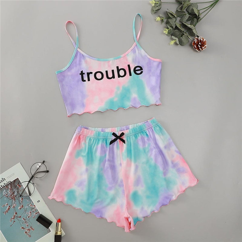 Women Fashion Tie-Dye Letter-Printed Camisole Loose Shorts Pajamas Two-Piece Set