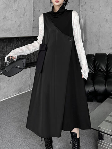 Irregularity Loose Asymmetric Buttoned Solid Color Split-Joint High Neck Midi Dresses