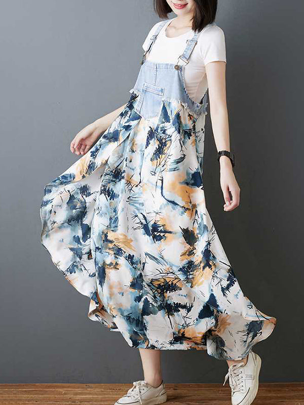 Loose Plus Size Flower Print Pockets Split-Joint Spaghetti-Neck Maxi Dresses Suspender Dress